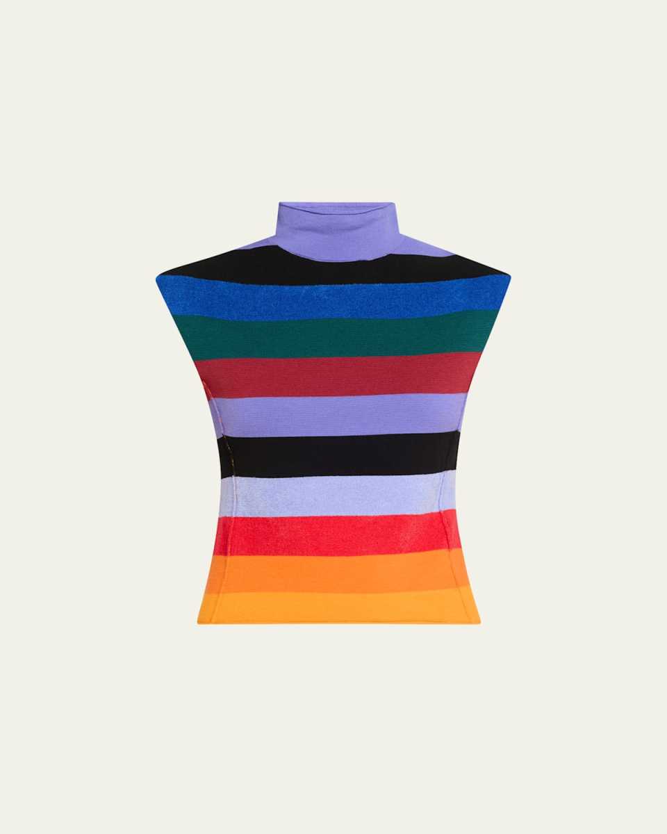 Sleeveless Rainbow Striped Mock Neck Wool Top